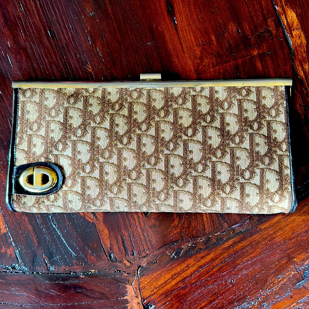 Christian Dior Vintage Trotter Canvas and Leather Clutch Bag Brown Tan